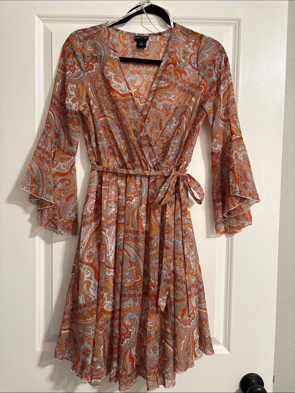 Paisley Tie-Waist Long Sleeve Dress in Orange Multi